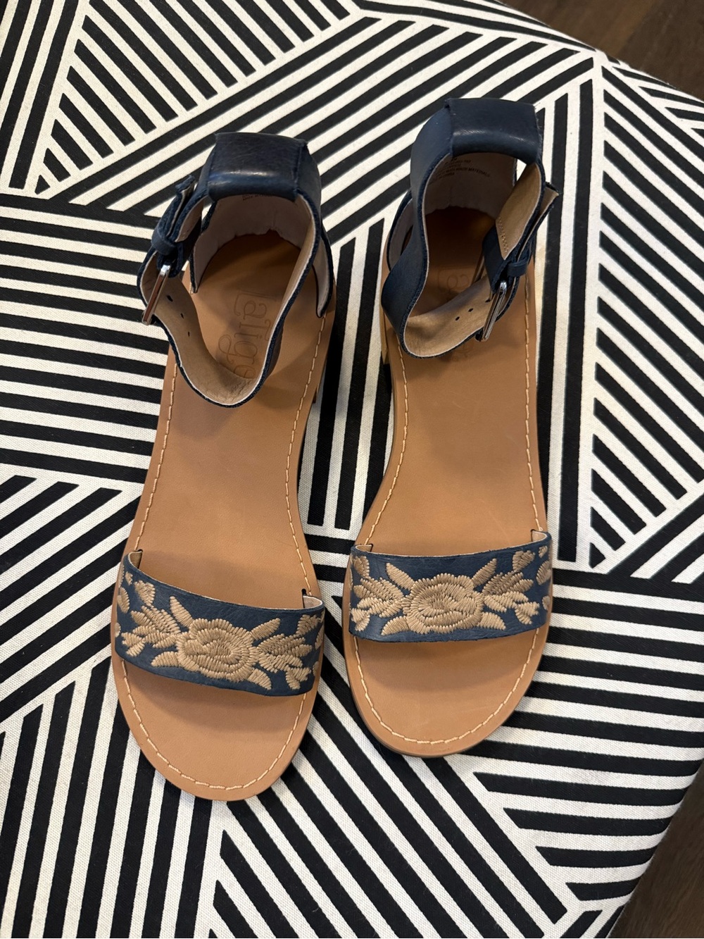 Latigo Navy Blue Leather with Beige Embroidered and Ankle-Strap Sandals